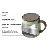 Mug à café isotherme en acier inoxydable à double paroi de 12 oz, couvercle anti-fuite, grande poignée confortable, base antidérapante en silicone