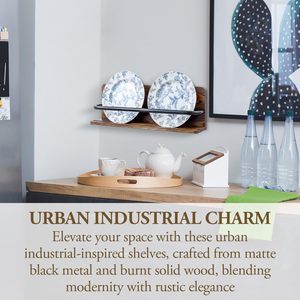 Présentoir <span class=keywords><strong>mural</strong></span> rustique <span class=keywords><strong>porte</strong></span>-assiettes en bois, étagère en bois et cintres décoratifs en métal noir pour la cuisine - Product Image 2