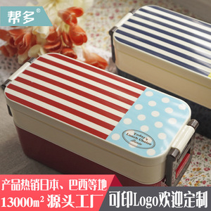 Boîte à bento rectangulaire pour adultes à 2 étages, en plastique, compatible micro-ondes, motif rayé - Product Image 5