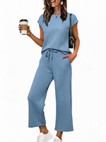 Ensemble décontracté 2 pièces pour femme : Blouse à manches courtes et pantalon large court à taille élastiquée avec poches – Tenue quotidienne ODM/OEM