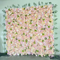 Dinding Bunga Artifisial NINI dengan Panel Mawar Sutra Pink dan Hydrangea, Latar Belakang Bunga Pernikahan Realistis untuk Dekorasi Pesta
