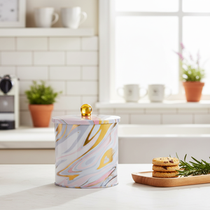 2.1L Knob Handle Pink and Gold Marble Texture Ø140x150 mm Metal round Food <b>Storage</b> & <b>Container</b> with Style - Product Image 3