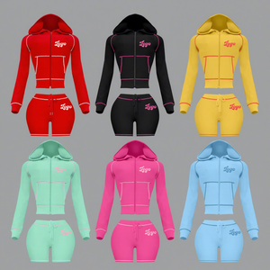 Completo da donna casual 2026 <span class=keywords><strong>con</strong></span> logo personalizzato, composto da <span class=keywords><strong>felpa</strong></span> <span class=keywords><strong>con</strong></span> cappuccio e zip a maniche lunghe in maglia waffle e pantaloncini, per uso quotidiano - Product Image 1