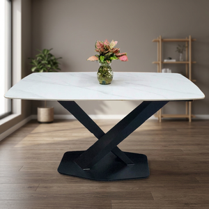 Ensemble de table à manger rectangulaire BA68094 140/160x80cm, pieds en fer en forme de X, plateau en marbre blanc/noir, 6 places, assemblé pour une utilisation pratique - Product Image 3