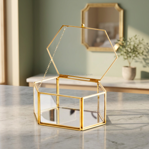 Faceted <b>Hexagonal</b> Clear Glass & Brass <b>Box</b>-Wedding Decoration <b>Gift</b> - Product Image 2