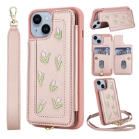 Bandoulière avec fente pour cartes étui pour IPhone 16E 16 Plus 15 Pro Max 14 13 12 11 housse de poche en cuir fleur brodée