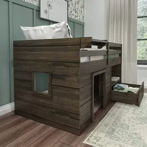 Litera moderna personalizada para niños, cama baja de alta calidad con 1 cajón, marrón