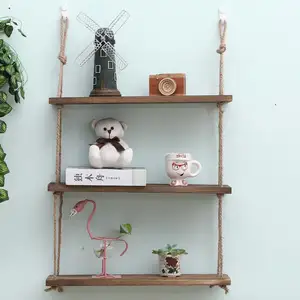 Manufacture Wooden Hanging Shelf Home Decor wood wall shelves Swing Rope Floating Shelf for palnt storage