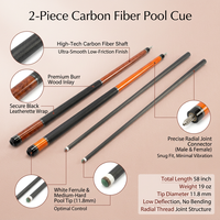Queue de billard en fibre de carbone 2 pièces de 58 pouces avec incrustation en bois Burr, enveloppe en similicuir, joint radial, pour snooker et billard, 19 oz, pointe de 12,4 mm