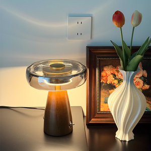 Nordic Dome <strong>Table</strong> Lamp Smoked <strong>Glass</strong> Shade Walnut Wood Base High CRI&ge;97 3CCT LED Nightstand <strong>Light</strong> for Bedroom Living Room Decor - Product Image 2
