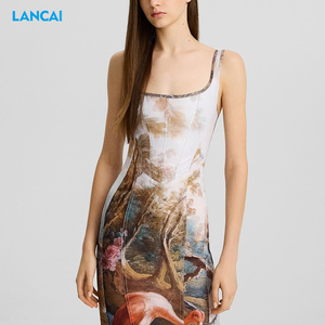 เดรสยาวครึ่งเข่าผ่าแขนกุดพิมพ์ลายกราฟิกแนววินเทจชุดเดรสฤดูร้อนของ2024 - Product Image 3