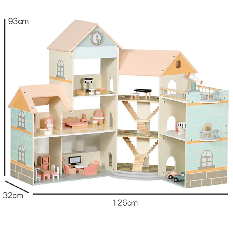 2312 ruang boneka sudut kayu, miniatur rumah boneka Model merah muda rumah bermain anak-anak