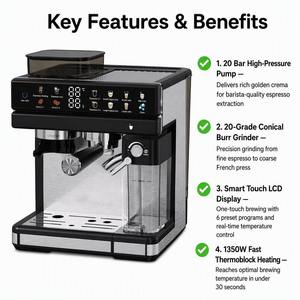 Máquina de <span class=keywords><strong>Espresso</strong></span> Profesional Italiana 3 en 1 Semiautomática Compacta de 20 Bares con Molinillo de Acero Inoxidable para Hogar, Cafetería, Restaurante y <span class=keywords><strong>Bar</strong></span> - Product Image 4