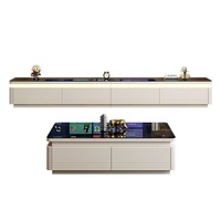 Table basse moderne de luxe en bois massif avec plateau en verre et deux tiroirs