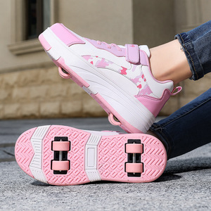 Childrens Roller Skates Pink Round Toe Print Anti Slippery Double Row Wheels Size 25 38 Skateboarding Shoes - Product Image 1