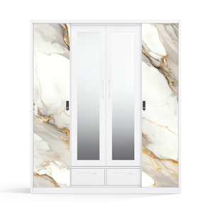 Armoire de chambre à coucher en acier imprimé avec porte coulissante, miroir et organiseur de tiroirs - Product Image 1