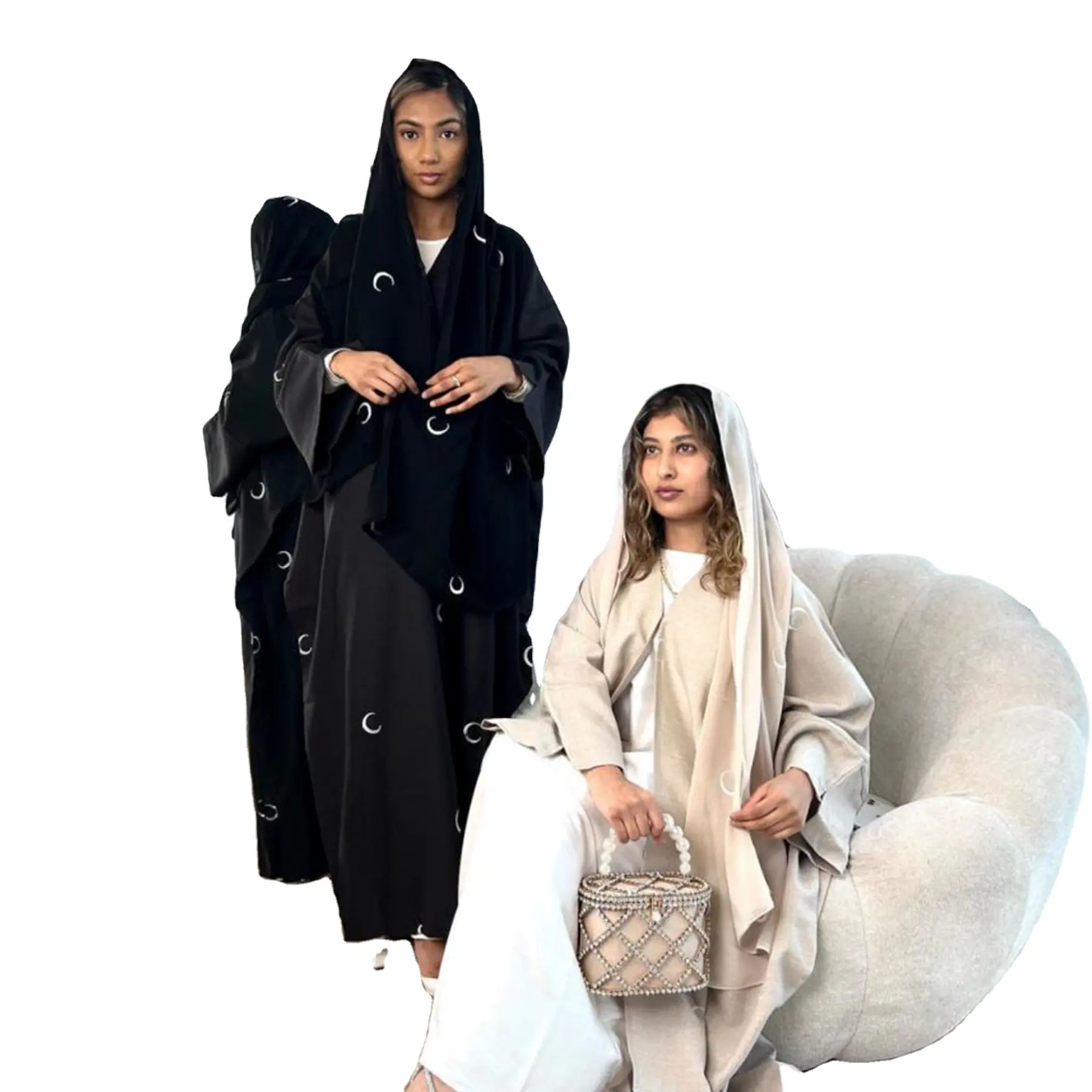 2024 Modest Eid Ramadan Turkey Embroidery moon Style Abaya Kaftan Set With Scarf Saudi Cute Dress Cardigan For Women L0109