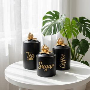 Luxury Matte Black Metal <b>Storage</b> <b>Jar</b> Set Gold Flip Top Lids Modern <b>Kitchen</b> Dishwasher Safe Freshness Food Containers - Product Image 1