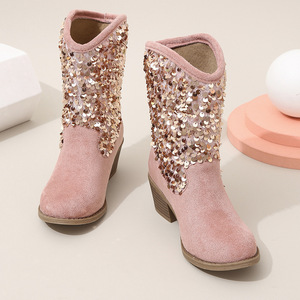 รองเท้าบูทเด็กผู้หญิงแบบลำลองสไตล์อัศวิน ประดับเลื่อม หนังกลับ สองชิ้น  แบบเพิ่มความสูงปานกลาง ส้นสูง  รองเท้าบูทเด็กผู้หญิงทรงคาวบูท - Product Image 3