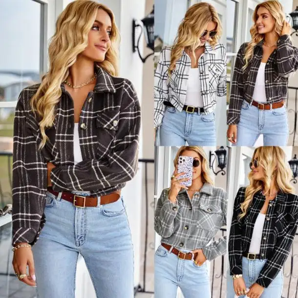 2022 Newest Style Women's Long-sleeve Short Jacket Fall Winter Fashion Casual Plaid Blouse Tops