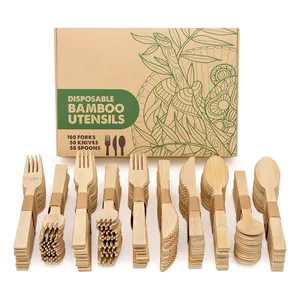 Juego de cubiertos de madera de bambú desechables, utensilios biodegradables y compostables ecológicos, 100% naturales