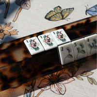 Set Mahjong Amerika Mewah Tiga Lapis Akrilik Desain Seni Botani Retro dengan Joker