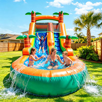 Toboggan aquatique gonflable commercial en PVC, motif palmier tropical, pour adultes et enfants, avec piscine profonde, équipement de fête en plein air