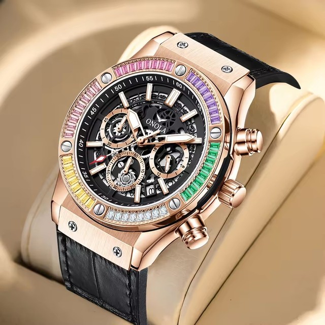 ONOLA 6855 Leather Strap Calendar Waterproof Luminous Hands Chronograph Men's Colorful Design Quartz Watches for Men Clock Reloj