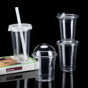 Copo plástico transparente 18/20oz de fábrica, copo plástico descartável para smoothies, chá, café, bebidas frias, com tampa