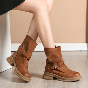 Botines de Piel Vacuna Retro Británicos de Lujo, Otoño Invierno, Tallas Grandes, Marrón, Felpa, Antideslizantes, Cierre de Cremallera, Tacón Medio, Piel de Vaca - Product Image 1