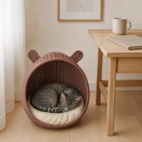 Panier pour chat en rotin synthétique rose en PP, écologique, tressé, maison pour animaux à tissage ouvert, ventilée, lavable, durable, pour chatons et chats d'intérieur