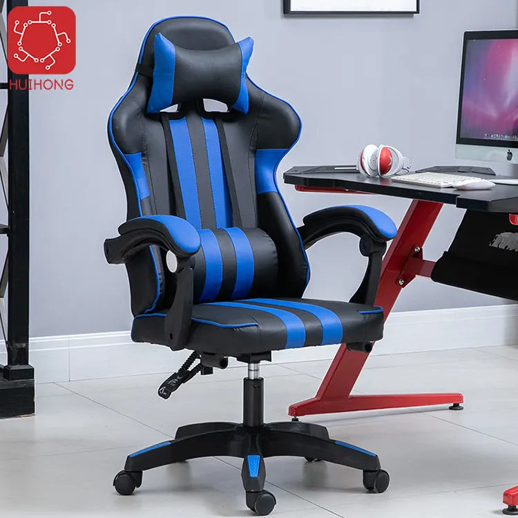 Silla Gaming de cuero Pu azul, económica, con reposapiés