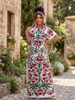 Robe Kaftan Élégante Grande Taille à Manches Courtes Kimono en Polyester Respirant Imprimé Floral Africain pour Toutes Saisons – Vente en Gros