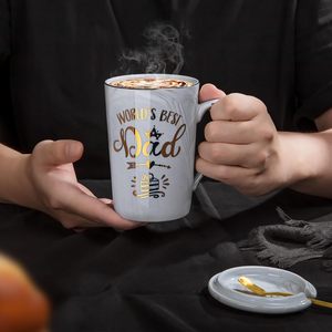 Fathers Day Birthday Gift World's Best Dad Funny Gold Print 14Oz Grey Marble Ceramic <strong>Mug</strong> Microwave Safe Break Resistant Lid - Product Image 4