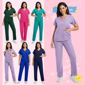 Nurse Uniform Set Solid Color Short Sleeve Long Pants Two Piece Scrub Women Moisture Wicking Hospital Workwear - Product Image 2
