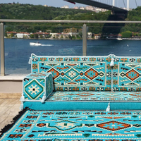 Ensemble de canapé sectionnel carré arabe turquoise à trois places avec ottoman, tapis en tissu, meubles de salon de haute qualité pour l'école