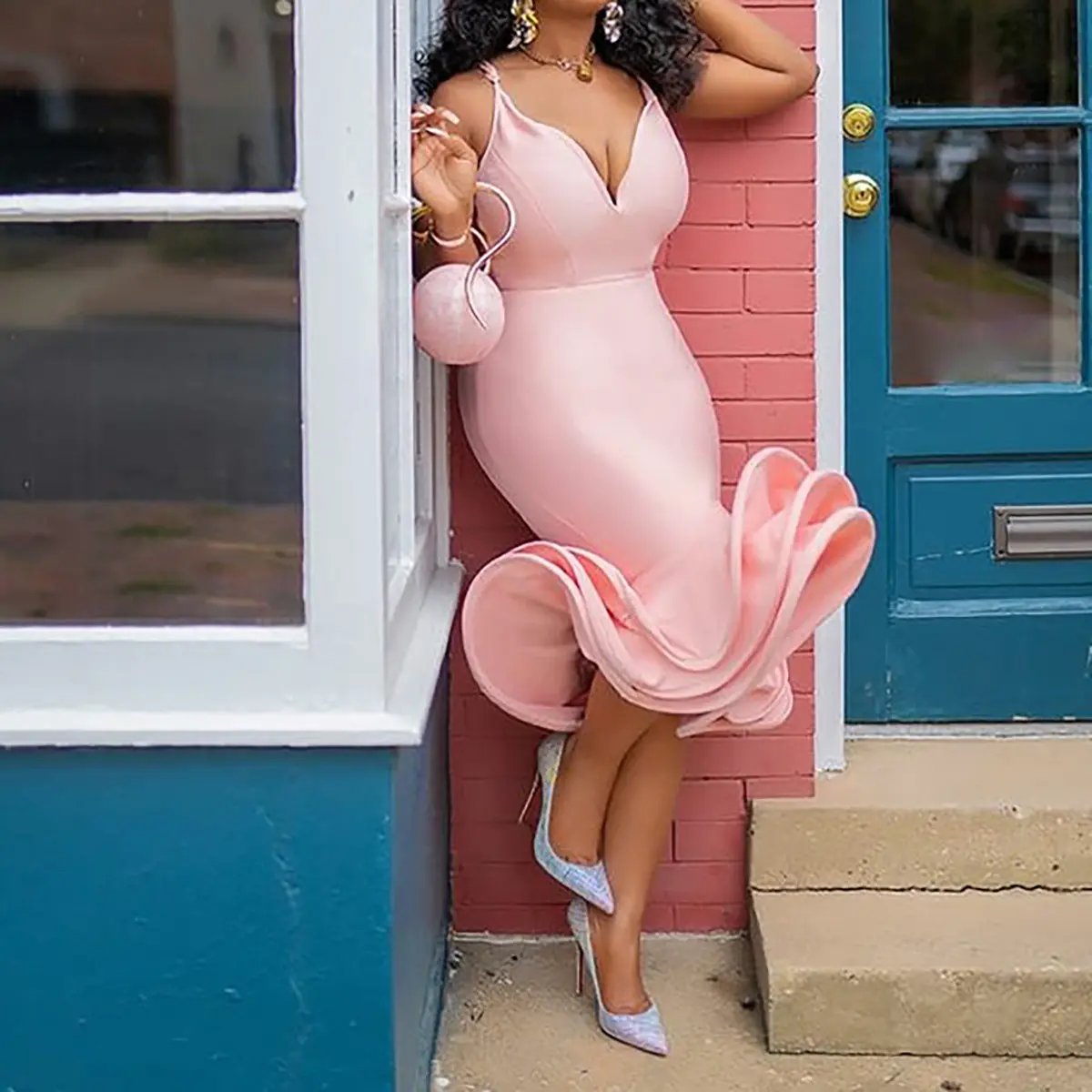 Vestido De Talla Grande Para Mujer Roze Mouwloze V-hals Gown Party Wear Avondjurken Elegant Voor Vrouwen
