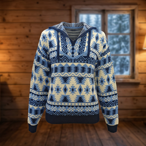 Pull à capuche bleu Fair Isle, tricoté, à manches longues, patchwork, pull d'hiver - Product Image 3