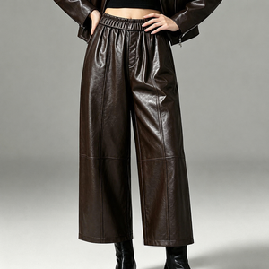 <span class=keywords><strong>Pantaloni</strong></span> Gotici da <span class=keywords><strong>Donna</strong></span> in Vera Pelle di Pecora, Marrone Scuro, Gamba Dritta, Vita Alta Elasticizzata, Chiusura con Cerniera, Lunghezza Intera - Product Image 3