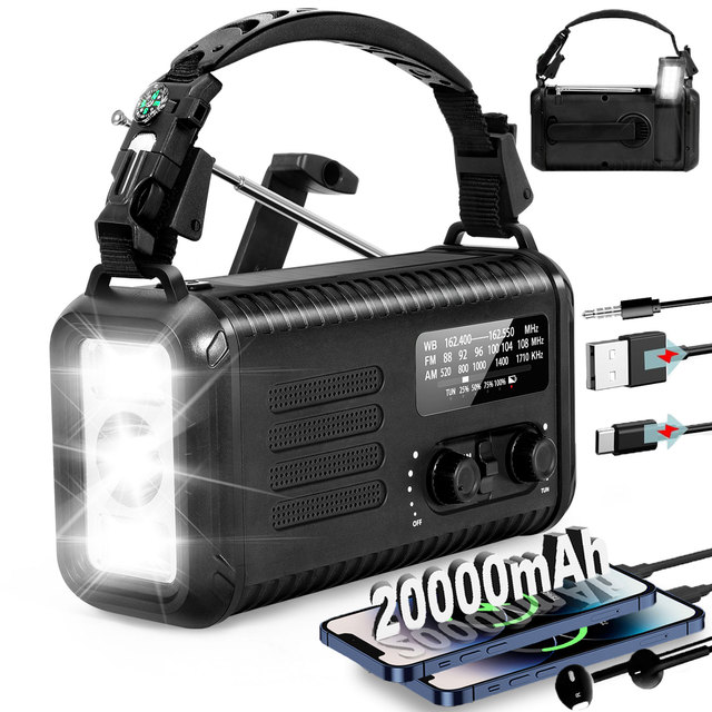 20000mAh Emergency Weather AM FM Radio Solar Powered  LED Flashlight Survival Radio Outdoor Camping Hand Crank Radio Home Use