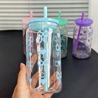 Bouteille d'eau isotherme jetable en plastique de 16 oz avec paille à succion et bouchon Mason, résistante aux chutes