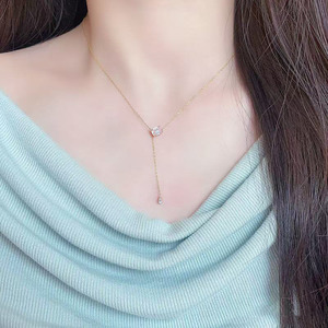 Collier pendentif en or 18 carats avec émeraude de laboratoire et diamant <span class=keywords><strong>rose</strong></span>, forme goutte d'eau romantique en Y, avec pompon, pour femme - Product Image 4