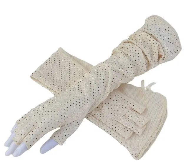 Women Long Fingerless Sunscreen Driving Gloves Lace Dots Half Finger Cooling Grip Non-Slip Arm Sleeves