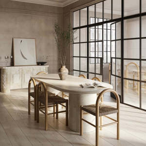 Tùy chỉnh màu be travertine bàn ăn đá tự nhiên bàn ăn với ghế nodic hình bầu dục bằng đá cẩm thạch bàn ăn - Product Image 4