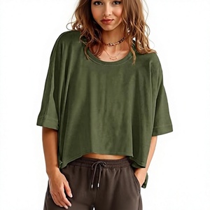 Oversized Cropped <b>T</b>-<b>Shirt</b> Women Short Sleeve <b>Batwing</b> Sleeve Solid Color O-Neck Loose Fit Plus Size Top Green Cotton Knitted - Product Image 1