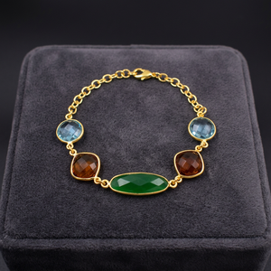 Pulsera de Plata de Ley Hecha a Mano con Baño de Oro Rosa, Diseño de Moda con Múltiples Gemas Naturales Facetadas y Eslabones de Cadena - Product Image 3