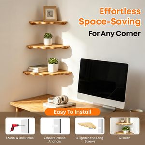 Wooden <b>Floating</b> Corner Shelf 3 Tier Wall Mount Storage Rack For Plants Photo <b>Frames</b> Bathroom Living Room Kitchen - Product Image 3