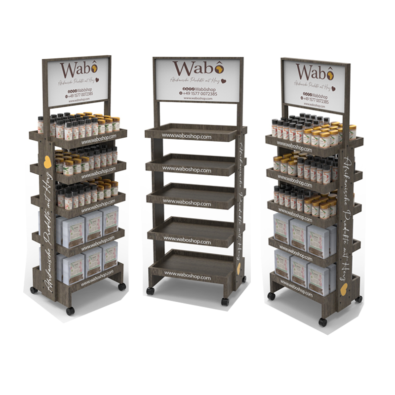 Apache Custom Multi-layer Easily Movable Skincare Wood Display Rack with Casters for Cosmetics and Skincare Stores