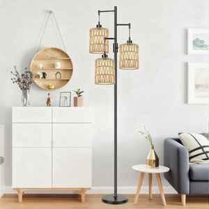 Lampadaire en fer à 3 têtes, hauteur réglable, style rustique, abat-jour beige, source de lumière LED pour salon, chambre à coucher, bureau - Product Image 2