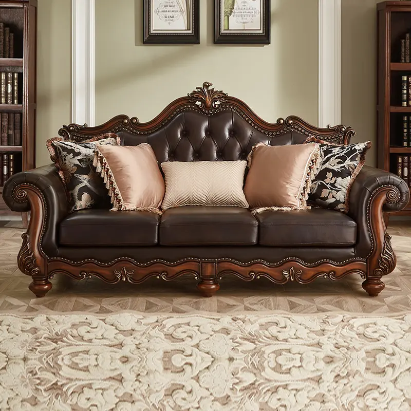 Factory Wholesale American style Luxury Genuine Leather sofa traditional solid wood hand carved living room sofa set furniture